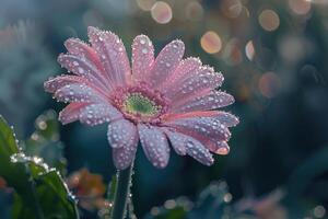 un cyberpunk margarita floraciones con Rocío gotas en él, iluminado por neón luces. foto