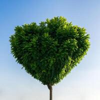 árbol con verde hojas en el forma de un corazón en contra un azul cielo. el concepto de amor para naturaleza y ambiental proteccion. San Valentín día antecedentes. foto