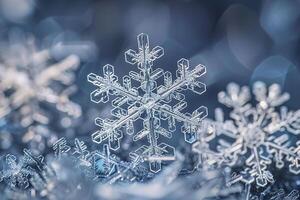 un copo de nieve debajo un microscopio en el forma de un de seis puntas estrella. foto