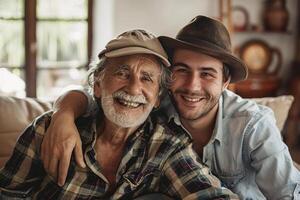 Smiling hipster son hugging elderly father with beard. Two generations of men enjoy meeting on Father's Day. photo