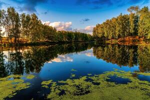 Sunset or dawn on a pond with birch trees along the banks and a cloudy sky reflected in the water. photo