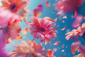 Abstract explosion of many colorful flowers and petals on a uniform background. photo