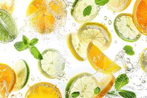 Carbonated drink, mint leaves and fruit slices of lemon, lime and orange floating in it. Summertime background. photo