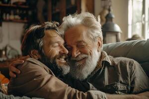 sonriente hipster hijo abrazando mayor padre con barba. dos generaciones de hombres disfrutar reunión en del padre día. foto