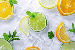 Carbonated drink, mint leaves and fruit slices of lemon, lime and orange floating in it. Summertime background. photo