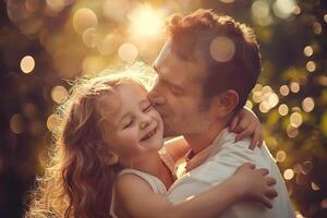 un pequeño niña abrazando su padre en naturaleza en del padre día. foto