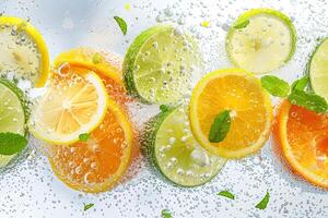 Carbonated drink, mint leaves and fruit slices of lemon, lime and orange floating in it. Summertime background. photo