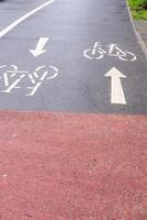 wet road with cycle path sign photo