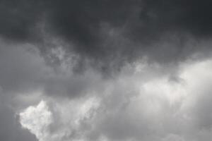 Cloudscape scenery, overcast weather above dark blue sky. Storm clouds floating in a rainy dull day with natural light. White and grey scenic environment background. Nature view. photo