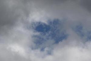 Cloudscape escenario, nublado clima encima oscuro azul cielo. tormenta nubes flotante en un lluvioso aburrido día con natural ligero. blanco y gris escénico ambiente antecedentes. naturaleza vista. foto