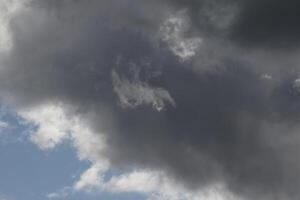 Cloudscape scenery, overcast weather above dark blue sky. Storm clouds floating in a rainy dull day with natural light. White and grey scenic environment background. Nature view. photo