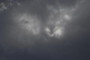 Cloudscape scenery, overcast weather above dark blue sky. Storm clouds floating in a rainy dull day with natural light. White and grey scenic environment background. Nature view. photo