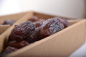 Close-up of organic gourmet Medjool date fruit at the market. View from above. photo