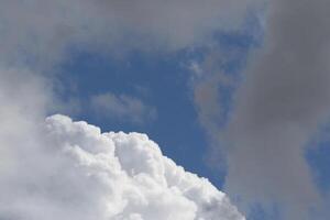 Cloudscape scenery, overcast weather above dark blue sky. Storm clouds floating in a rainy dull day with natural light. White and grey scenic environment background. Nature view. photo