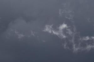 Cloudscape scenery, overcast weather above dark blue sky. Storm clouds floating in a rainy dull day with natural light. White and grey scenic environment background. Nature view. photo