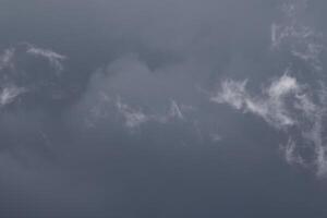 Cloudscape scenery, overcast weather above dark blue sky. Storm clouds floating in a rainy dull day with natural light. White and grey scenic environment background. Nature view. photo