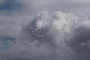 Cloudscape scenery, overcast weather above dark blue sky. Storm clouds floating in a rainy dull day with natural light. White and grey scenic environment background. Nature view. photo