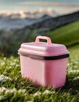 Ice box drink cooler mockup, on grass in urban parque photo