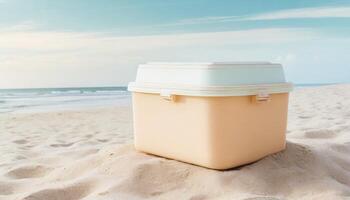 Ice box, drink cooler, portable fridge on the beach, photo