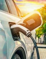Electric car charging station, alternavite energy, eco transport concept photo