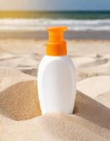 Mockup spf protection lotion bottle on sand on the summer beach, sunscreen skin care photo