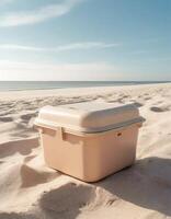 Ice box, drink cooler, portable fridge on the beach, photo