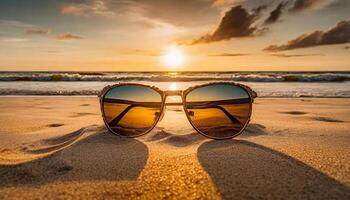 Sunglasses on sand on the beash, hot summer vacation time photo