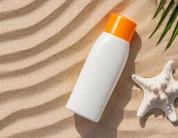 Mockup spf protection lotion bottle on sand on the summer beach, sunscreen skin care photo