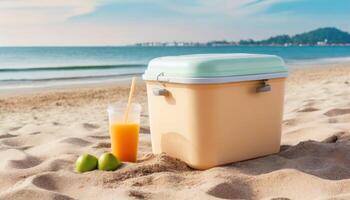 Ice box, drink cooler, portable fridge on the beach, photo