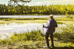 Senior woman stand hold red nordic sticks and enjoy panoramic view of lake in sunny beautiful day. Texture and nature well-being concept background photo