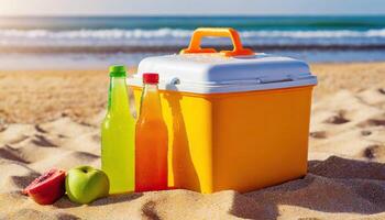 hielo caja, bebida enfriador, portátil refrigerador en el playa, foto