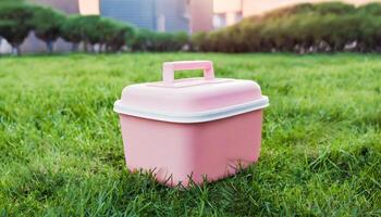 Ice box drink cooler mockup, on grass in urban parque photo