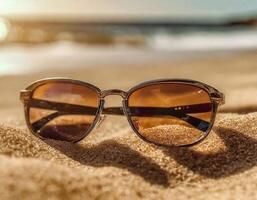 Sunglasses on sand on the beash, hot summer vacation time photo