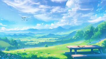 Anime Landschaft mit ein Feld und Wolken video