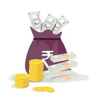 Rupee bag, rupee note and coin showing growth vector