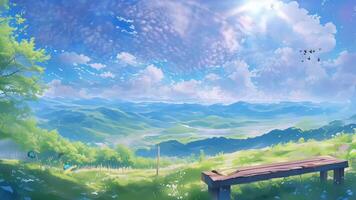 anime landskap med en fält och moln video