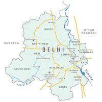 detallado mapa de Delhi con distrito y importante lugares vector