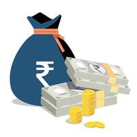 Rupee bag, rupee note and coin showing growth vector