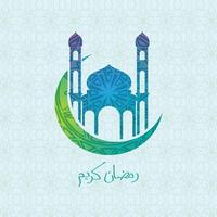 azul silueta de mezquita o masjid en Luna con estrellas en resumen verde fondo, concepto para musulmán comunidad santo mes Ramadán kareem o ramazan kareem vector