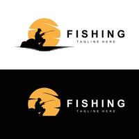 fishing logo icon , catch fish on the boat, outdoor sunset silhouette design vector