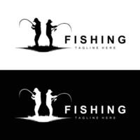 fishing logo icon , catch fish on the boat, outdoor sunset silhouette design vector