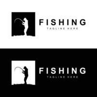 fishing logo icon , catch fish on the boat, outdoor sunset silhouette design vector