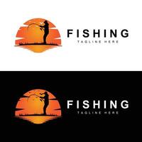 fishing logo icon , catch fish on the boat, outdoor sunset silhouette design vector