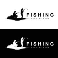 pescar logo icono , captura pescado en el bote, al aire libre puesta de sol silueta diseño vector