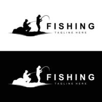 fishing logo icon , catch fish on the boat, outdoor sunset silhouette design vector