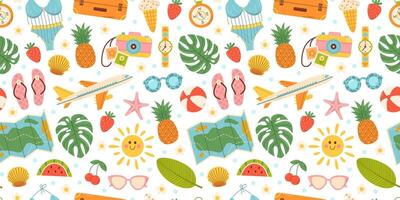 Cute summer beach elements. Vacation accessories for sea holidays. Hand drawn seamless pattern vector