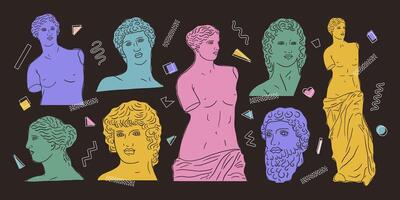 Greek ancient statues set, various antique. Heads, body. Hand drawn illustrations of classic sculpture in trendy modern style vector