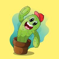 Cute happy cartoon cactus with a hat in a plant pot. Kawaii succulent with colorful blue, green, and yellow background. vector