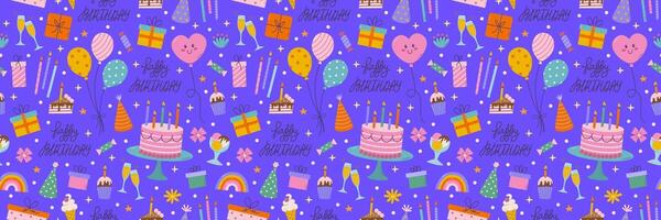 cumpleaños sin costura modelo. diferente fiesta objetos, vistoso fiesta elementos, regalo, pastel, globo vector