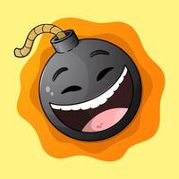 Illustration of a laughing black bomb with burning wick emote. Cartoon bomb with orange and yellow background. vector